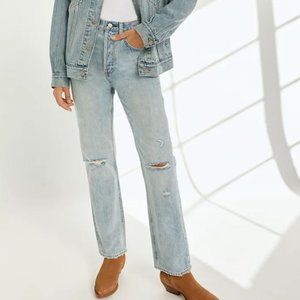 Denim Forum Aritzia Joni High Rise Loose Jeans, blue with distressing, size 27